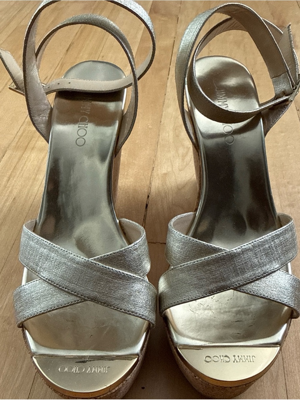 Jimmy Choo Papyrus  Gold Metallic Ankle Strap Cork Wedge Sandals Sz37 1/2